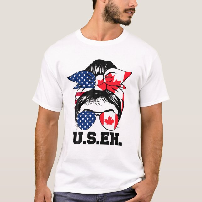 Messy Bun American Canadian Flag Sunglasses US EH T-Shirt (Front)