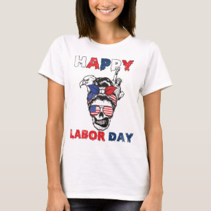 Messy Bun American Flag Labour Day Skull T-Shirt
