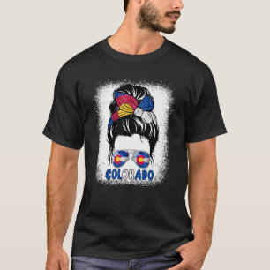 Messy Bun Colorado Flag Vintage Sunset Mountains T-Shirt