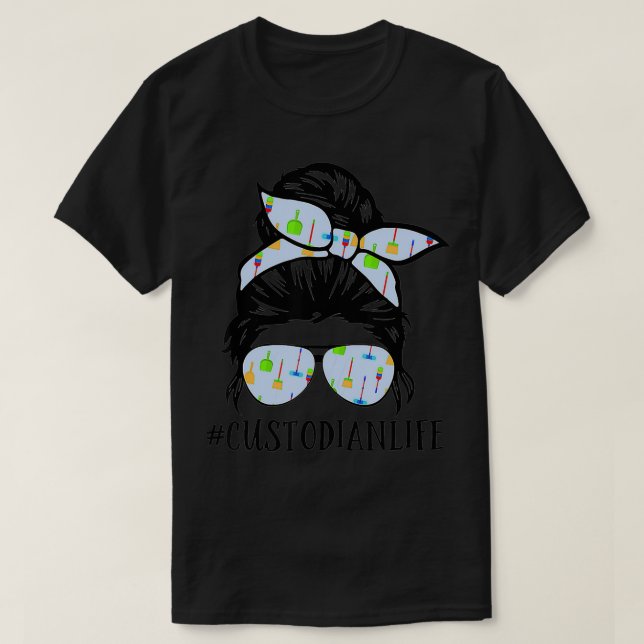 Messy Bun Custodian Life Hair Glasses Back to Scho T-Shirt (Design Front)