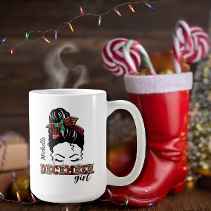 Messy Bun December Girl Leopard Plaid Typography Coffee Mug