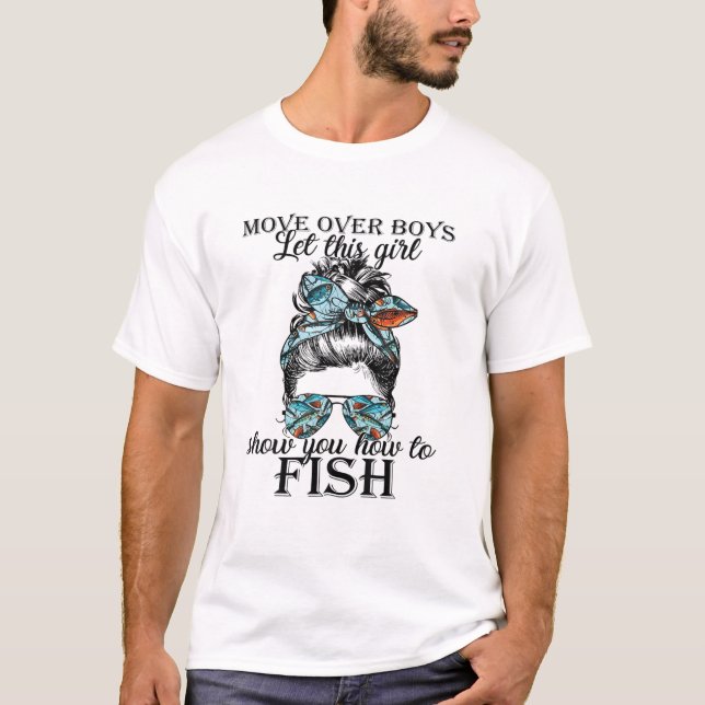 Messy Bun Fishing Hair Don't Care Reel Girls Fish T-Shirt (Front)