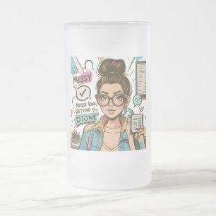 Messy Bun, Getting Stuff Done – Boss Babe Cartoon  Frosted Glass Beer Mug