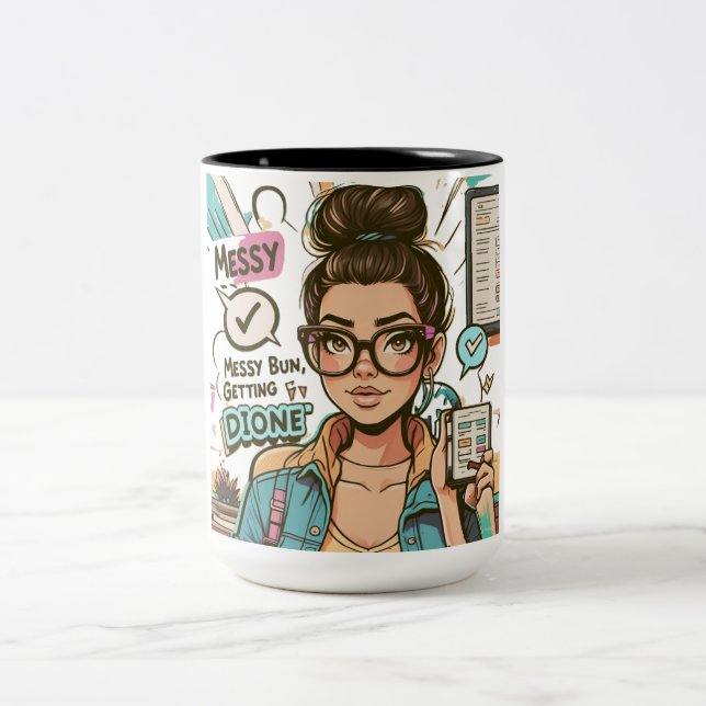 Messy Bun, Getting Stuff Done – Boss Babe Cartoon  Two-Tone Coffee Mug (Center)