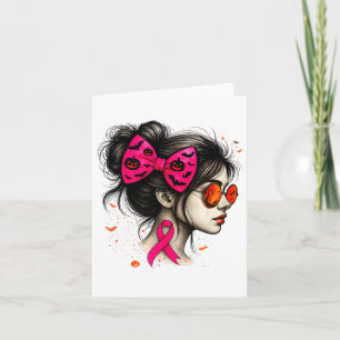 Messy Bun Girl Pumpkin Halloween Breast Cancer Awa Card
