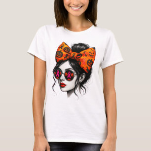 Messy Bun Girl Pumpkin Scary Halloween Breast Canc T-Shirt