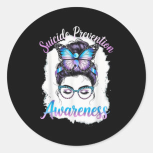 Messy Bun Girl Suicide Prevention Mental Health Gr Classic Round Sticker