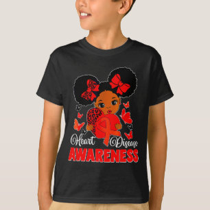Messy Bun Girls Red Ribbon Heart Disease Awareness T-Shirt