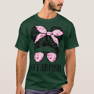 Messy bun glasses wear pink cute breast cancer awa T-Shirt
