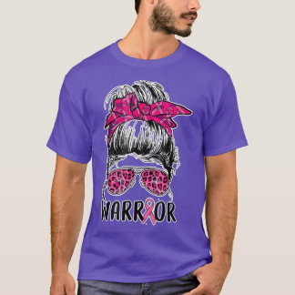 Messy bun glasses wear pink warrior breast cancer  T-Shirt