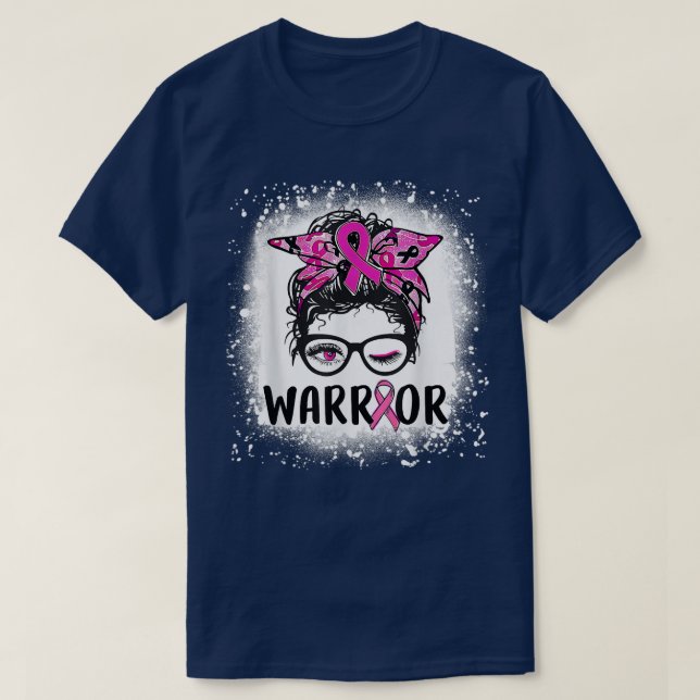 Messy bun glasses wear pink warrior breast cancer  T-Shirt (Design Front)
