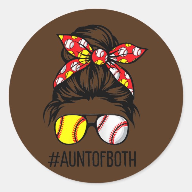 Messy Bun Hair Aunt Of Both Softball & Baseball Classic Round Sticker (Front)