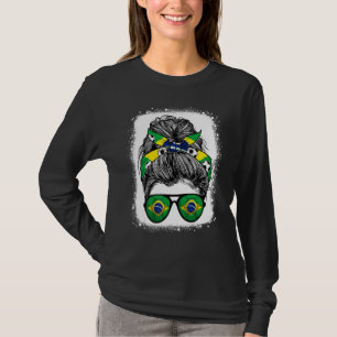 Messy Bun Hair Brazil Flag Glasses Brazilian Girls T-Shirt