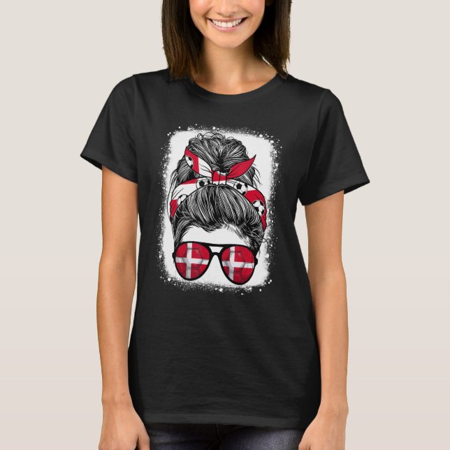 Messy Bun Hair Denmark Flag Glasses Danish Girls W T-Shirt (Front)