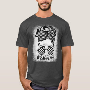 Messy Bun Hair Glasses Chequered Flag Bandanna Rac T-Shirt