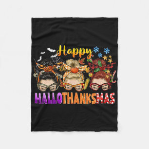 Messy Bun Halloween To Christmas Women Happy Hallo Fleece Blanket