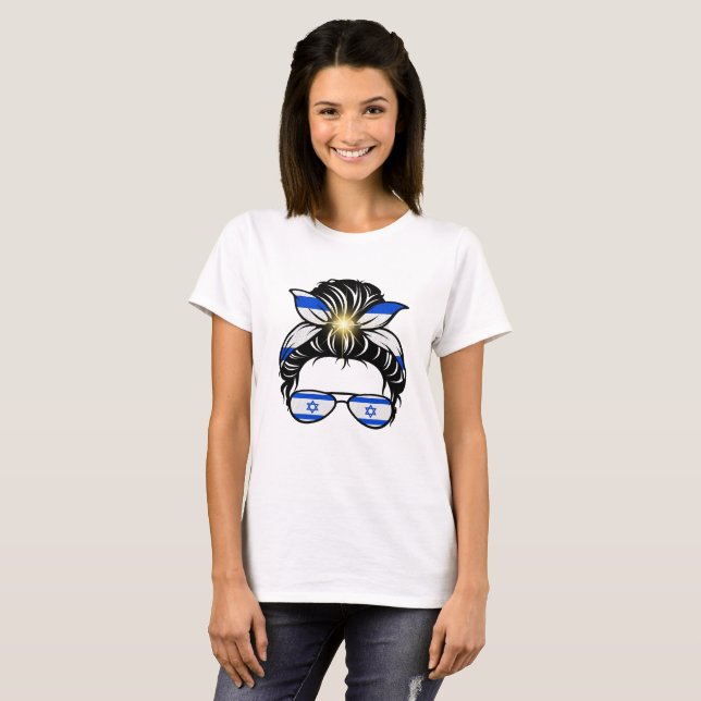 Messy Bun Jewish Israel Flag  T-Shirt (Front Full)