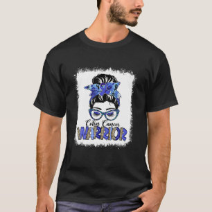 Messy Bun Leopard Blue Ribbon Colon Cancer Warrior T-Shirt