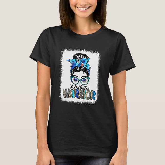 Messy Bun Leopard Blue Ribbon Diabetes Warrior T-Shirt (Front)