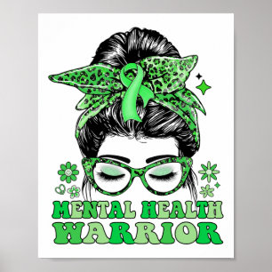 Messy Bun Leopard Green Ribbon Mental Health Warri Poster