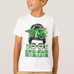 Messy Bun Leopard Green Ribbon Mental Health Warri T-Shirt