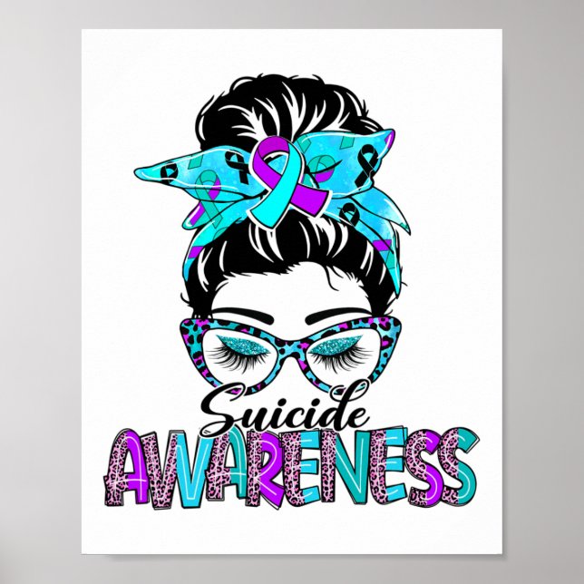 Messy Bun Leopard Purple And Teal Ribbon Suicide A Poster (Front)