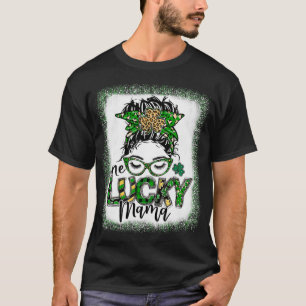 Messy Bun Leopard St Patrick's Day One Lucky Mama  T-Shirt