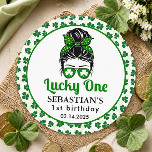  Messy Bun Lucky One 1st Birthday Girl  Classic Round Sticker