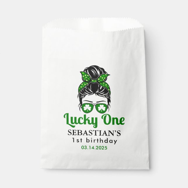  Messy Bun Lucky One 1st Birthday Girl  Favour Bags (Front)