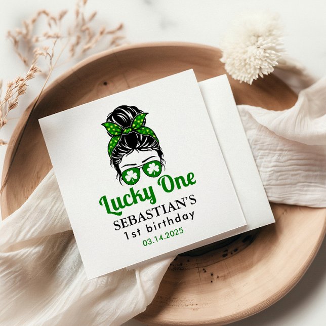  Messy Bun Lucky One 1st Birthday Girl  Napkin (Creator Uploaded)