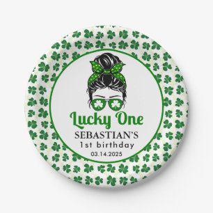 Messy Bun Lucky One 1st Birthday Girl Paper Plate