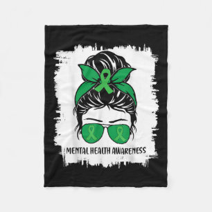 Messy Bun Mental Health S Awareness Green Ribbon _ Fleece Blanket