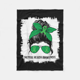 Messy Bun Mental Health S Awareness Green Ribbon _ Fleece Blanket