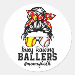 Messy Bun Mom Of Both Baseball Softball Busy Raisi Classic Round Sticker