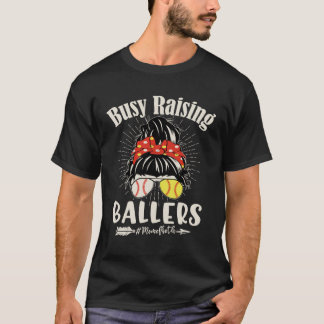 Messy Bun Mom Of Both Baseball Softball Busy Raisi T-Shirt