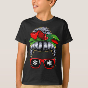 Messy Bun Mum Christmas Pajama Cute X-Mas Wreath B T-Shirt