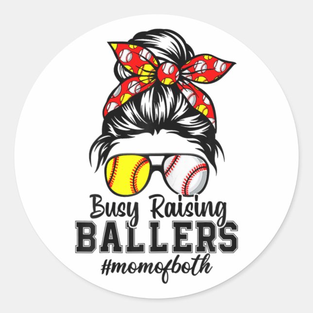 Messy Bun Mum Of Both Baseball Softball Busy Raisi Classic Round Sticker (Front)