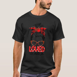 Messy Bun One Loved Mama Red Plaid Leopard Mum Mot T-Shirt