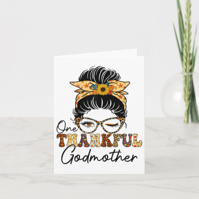 Messy Bun One Thankful Godmother Fall Autumn Thank Card (Front)