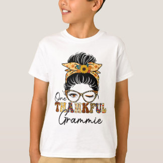 Messy Bun One Thankful Grammie Fall Autumn Thanksg T-Shirt