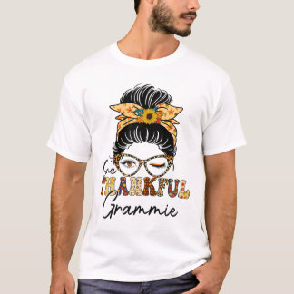 Messy Bun One Thankful Grammie Fall Autumn Thanksg T-Shirt