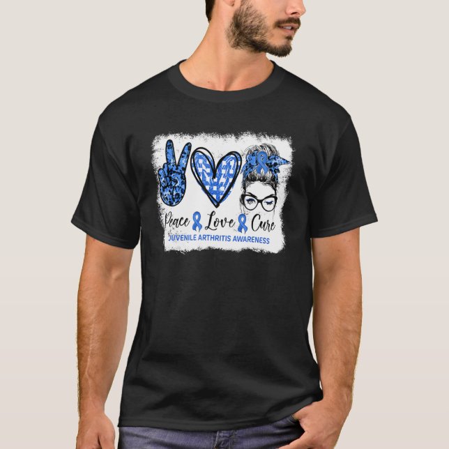 Messy Bun Peace Love Cure Blue Ribbon Juvenile Art T-Shirt (Front)