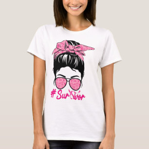 Messy Bun Pink Breast Cancer Awareness  T-Shirt