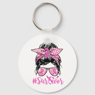 Messy Bun Pink Ribbon Leopard Breast Cancer Warrio Key Ring