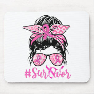 Messy Bun Pink Ribbon Leopard Breast Cancer Warrio Mouse Mat
