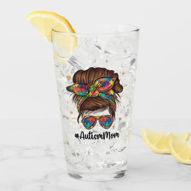 Messy Bun Proud Autism Mum Glass (Front Ice)