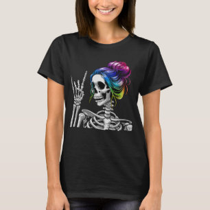 Messy Bun Rock N Roll Skeleton Rock Hand T-Shirt