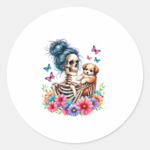 Messy Bun Skeleton Cute Puppy Dog Lovers Halloween Classic Round Sticker