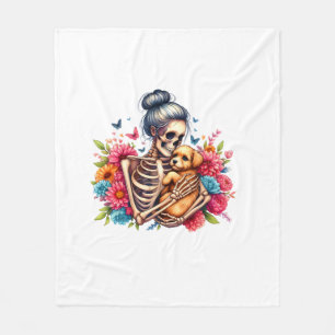 Messy Bun Skeleton Cute Puppy Dog Lovers Halloween Fleece Blanket