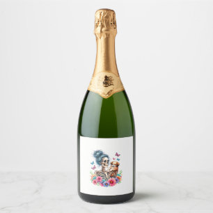 Messy Bun Skeleton Cute Puppy Dog Lovers Halloween Sparkling Wine Label